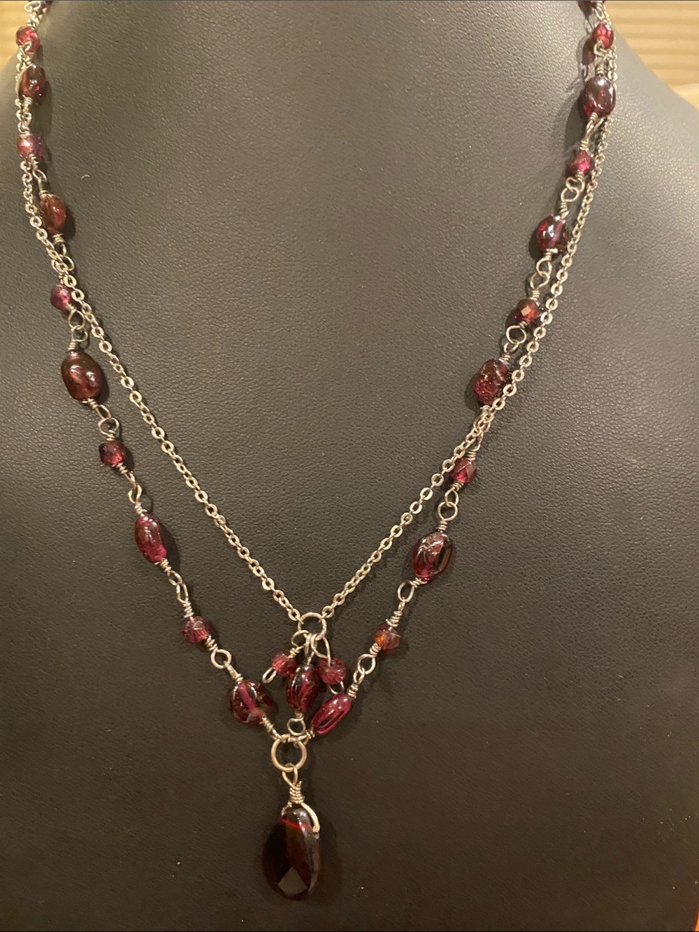 Multi-Strand Authentic (Garnet ) Red Beaded Pendant Necklace - Women Jewelry